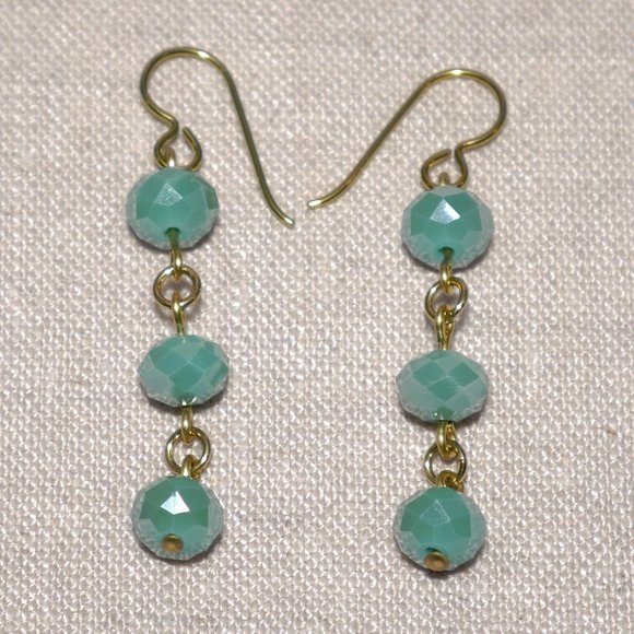 Hand Crafted Handmade Earrings Faceted Iridescent Turquoise Bead Long Earrings - Picture 1 of 5